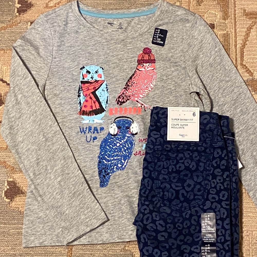 *NWT* GapKids Girls Set Owl Tee 6-7 & Navy Pant 6